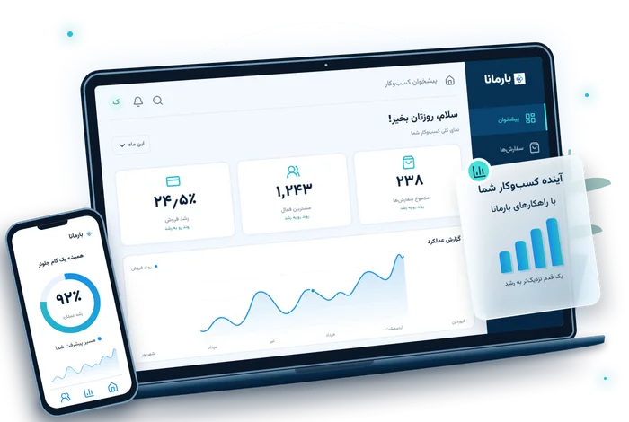تصویرسازی مفهومی لپ‌تاپ و موبایل با داشبورد فارسی؛ داده‌های نمایشگر نمایشی هستند.